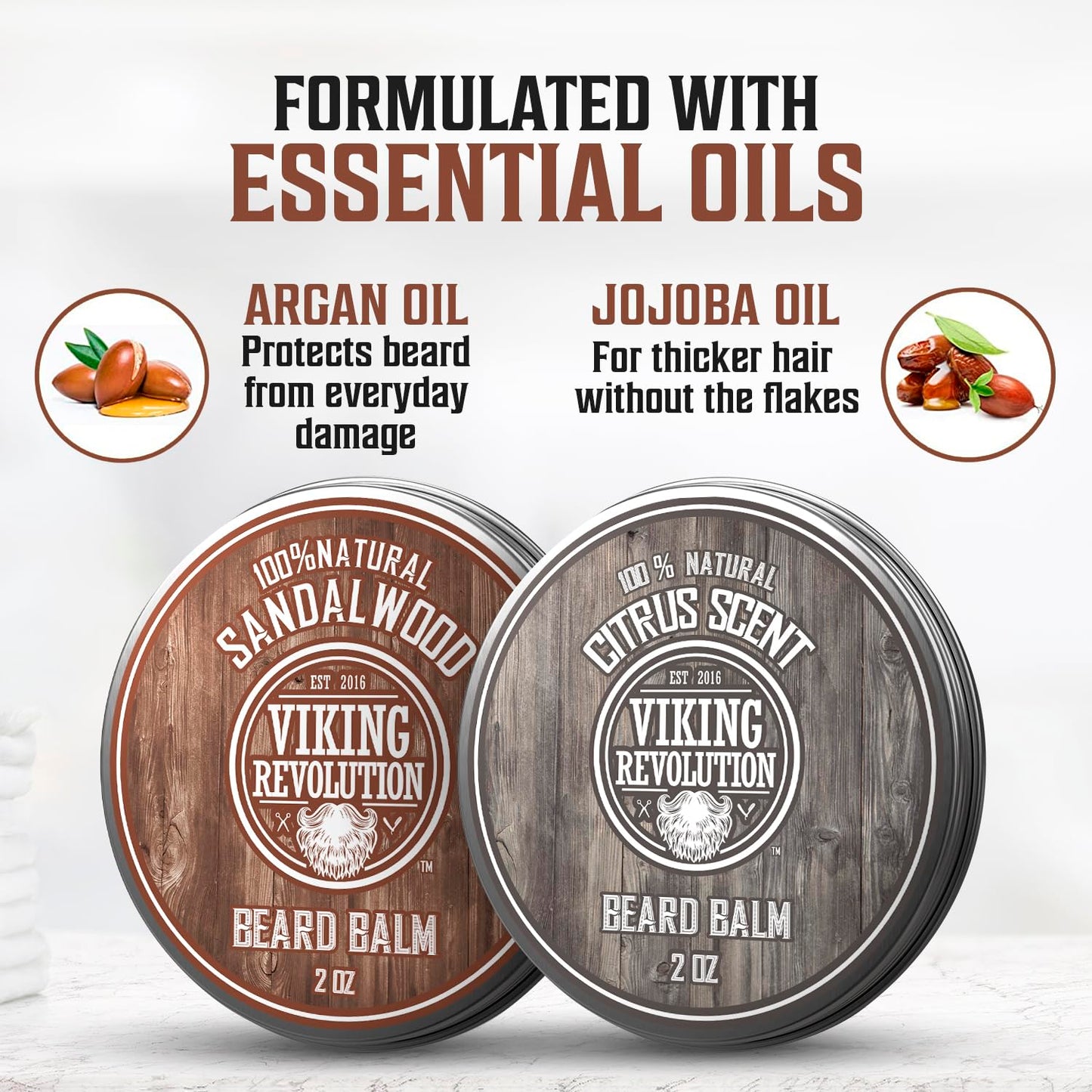 Viking Revolution Citrus and Sandalwood Beard Balm - Butter With Argan Oil, Softener With Jojoba Oil, Moisturizer With Beeswax - Wax for Men With Mango Butter (2oz, 2 Pack)