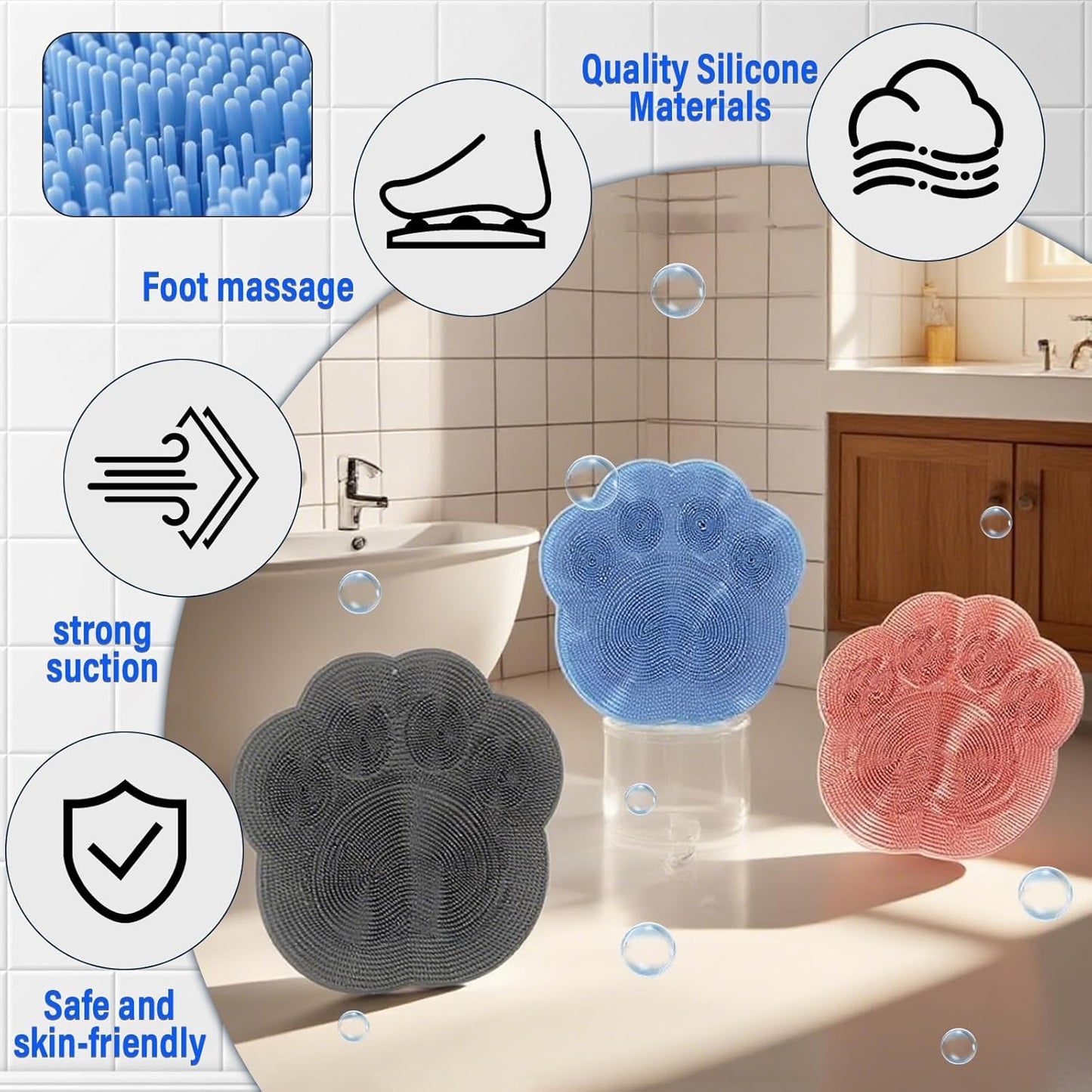 Shower Foot Scrubber Mat with Non-Slip Suction Cups,Foot Backs Cleaning Pad Back Washer Exfoliating Bath Wash Pad,Foot Scrubber in Shower Men & Women (Grey)