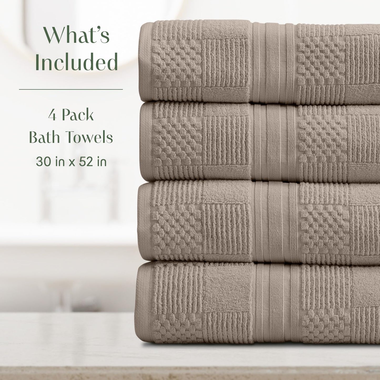 Springtree Home 100% Cotton Bath Towel Set of 4 | Brown Bath Towels | Geometric Textured Design | Absorbent & Quick-Dry | 4 Bath Towels | Oeko-TEX® Standard 100 Cotton | Myla Collection - Cobblestone