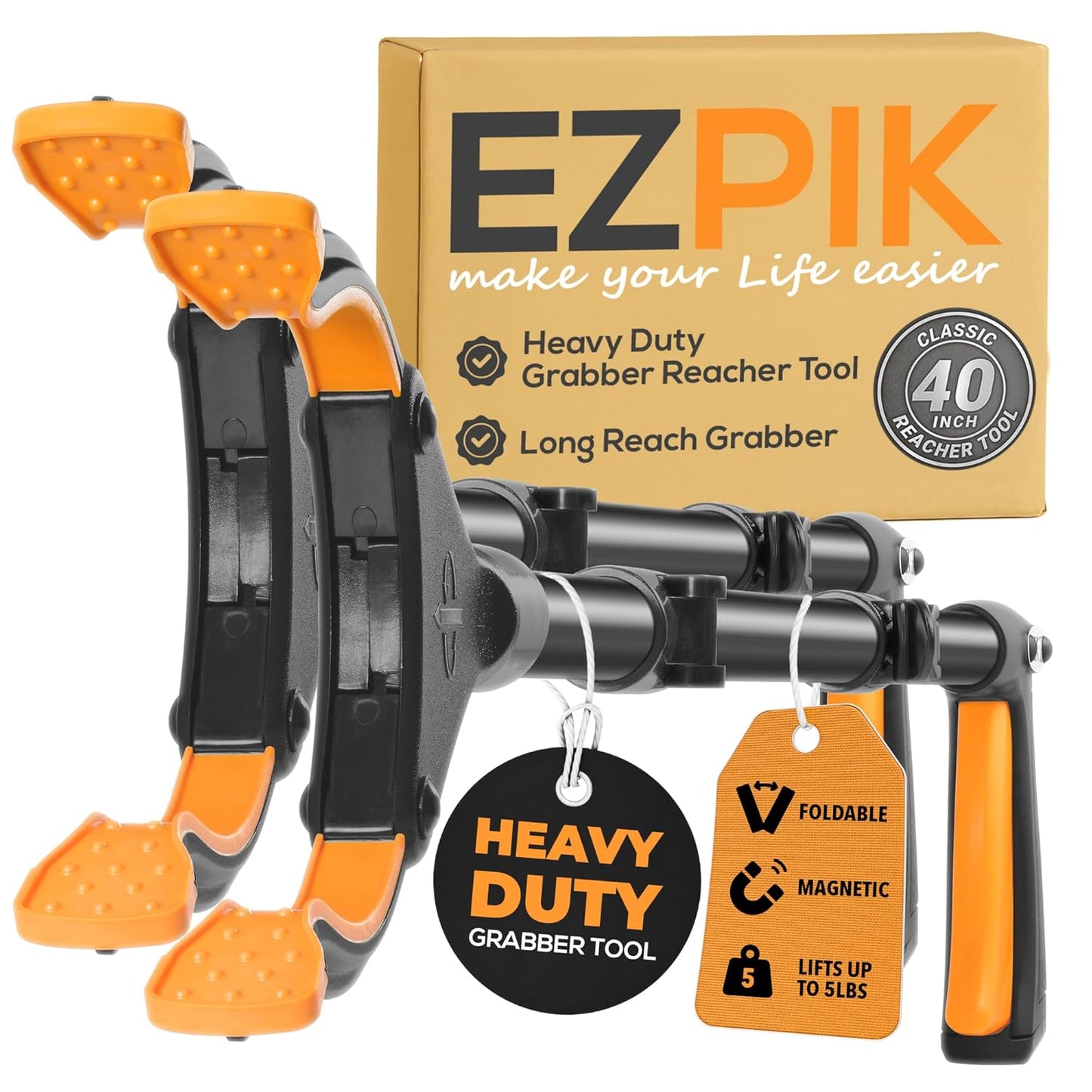 EZPIK Classic 40" Flexible Folding Grabber Tool for Elderly + Magnets, Reacher for Disabled & Seniors Heavy Duty Rotating Grippers for Reaching Underneath, Trash Grabbers & Pickers for Mobility 2-Pack
