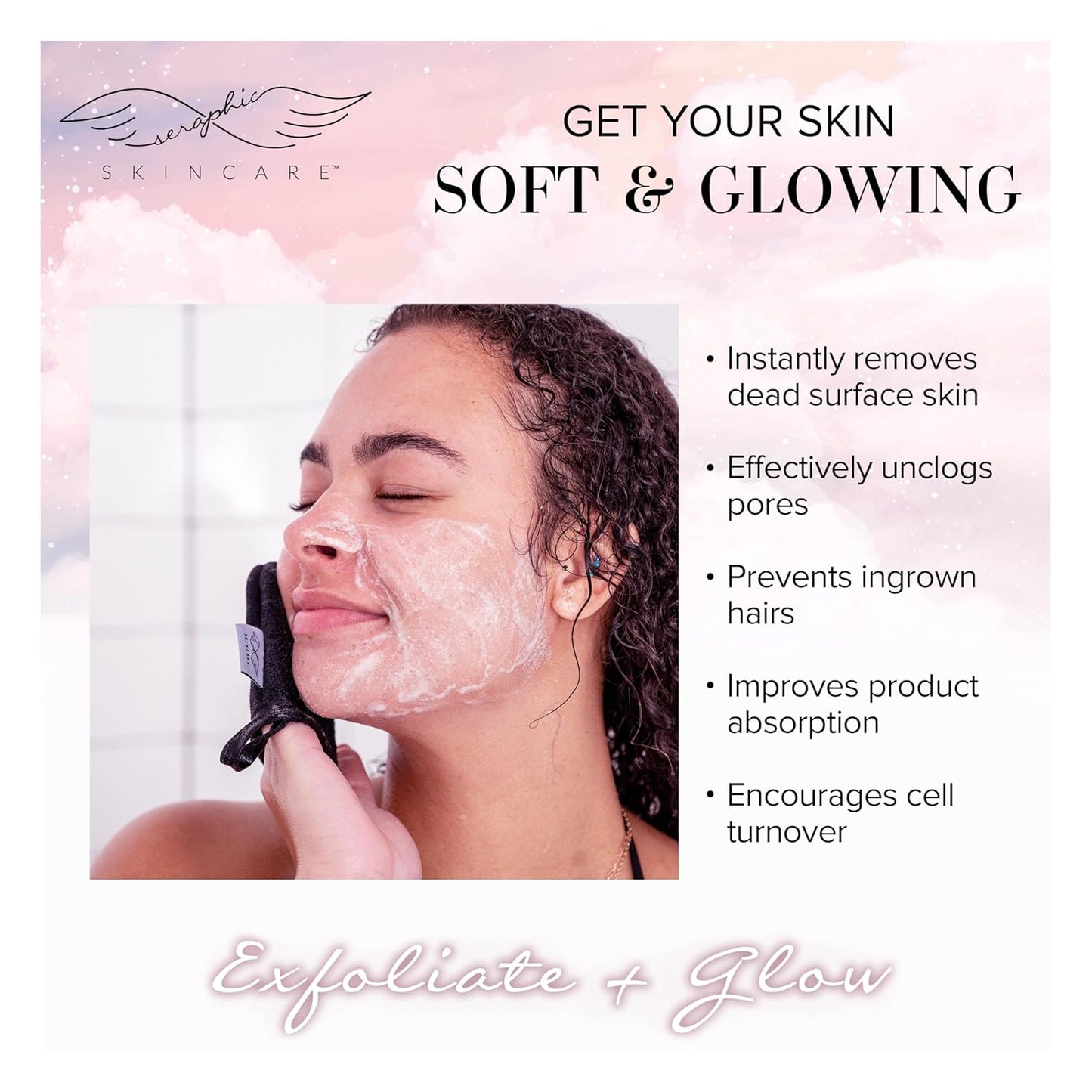 Seraphic Skincare Premium Exfoliating Facial Mitt 2 Pack – 100% Vegan Dual-Sided Face Mitten with Viscose & Washcloth – Facial Scrub Pad for Gentle Cleansing & Exfoliation – Natural Dead Skin Remover