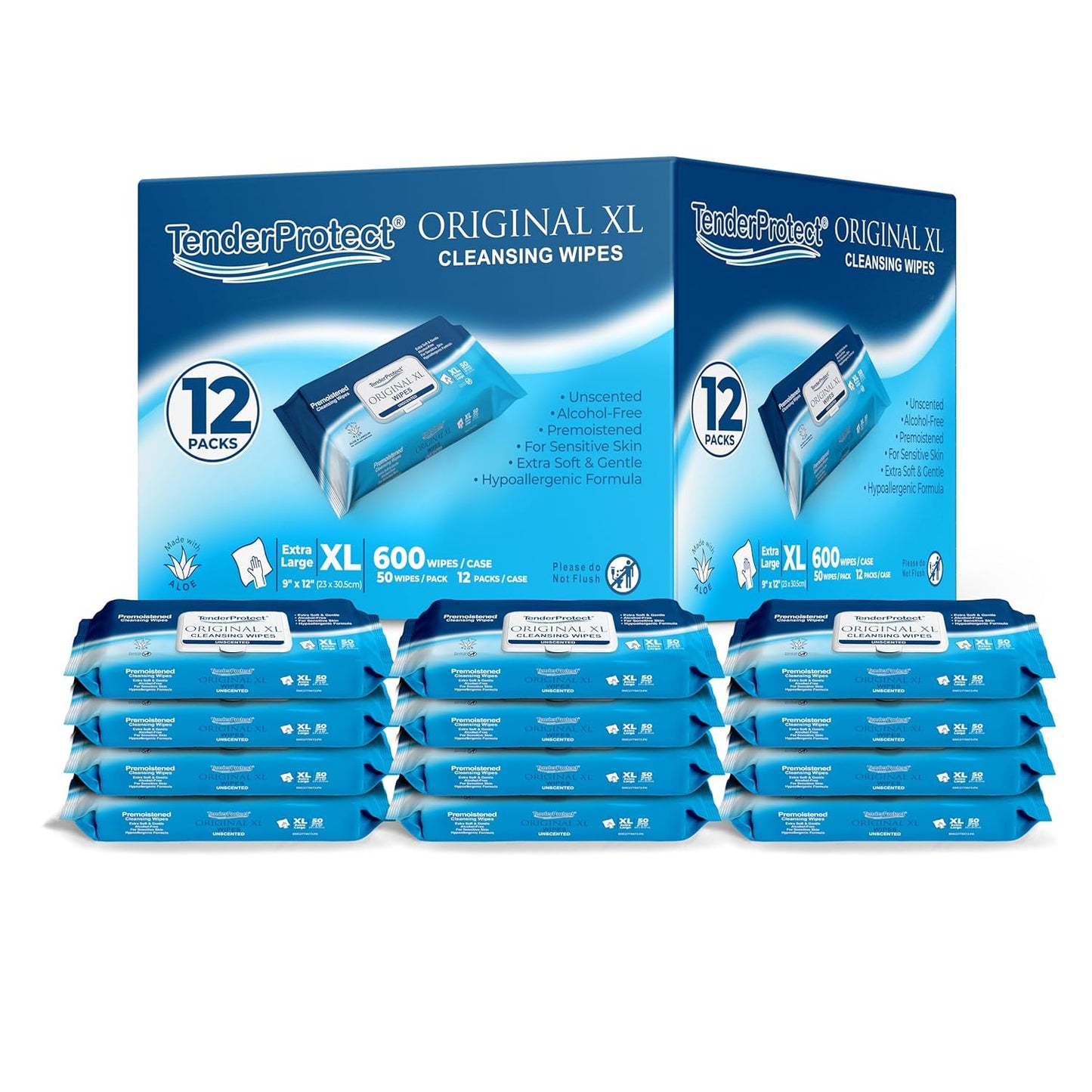 TenderProtect® Original XL Premium Adult Wipes (600 Ct), Extra-Large 9"x12" Wet Wipes with Aloe, Wash Cloths for Babies & Elderly, Incontinence, Hands & Body Cleaning