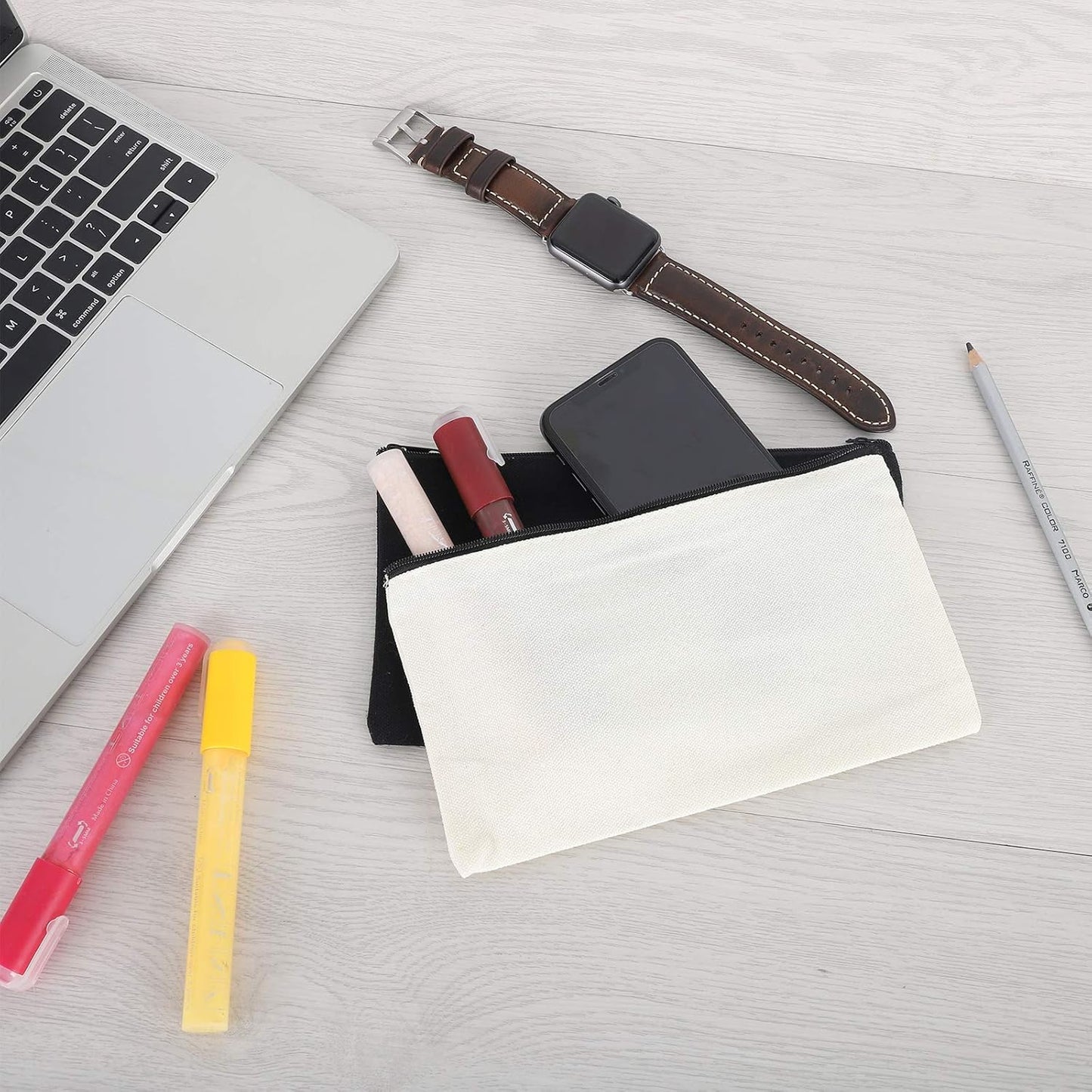 12 Pieces Black Cotton Canvas Makeup Bag, Multipurpose Cosmetic Bag with Zipper Travel Toiletry Pouch, Blank DIY Craft Bag (Black, S)