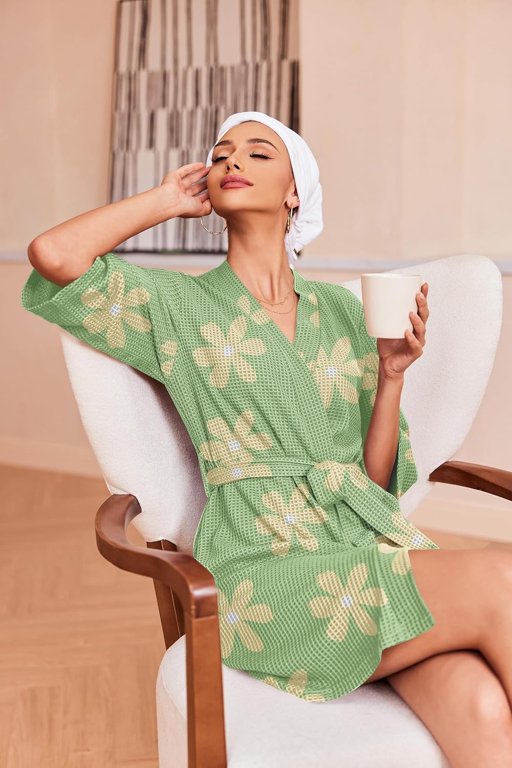 Ekouaer Robes for Women Waffle Knit Bathrobe Soft Lightweight Knee Length Loungewear S-XXL