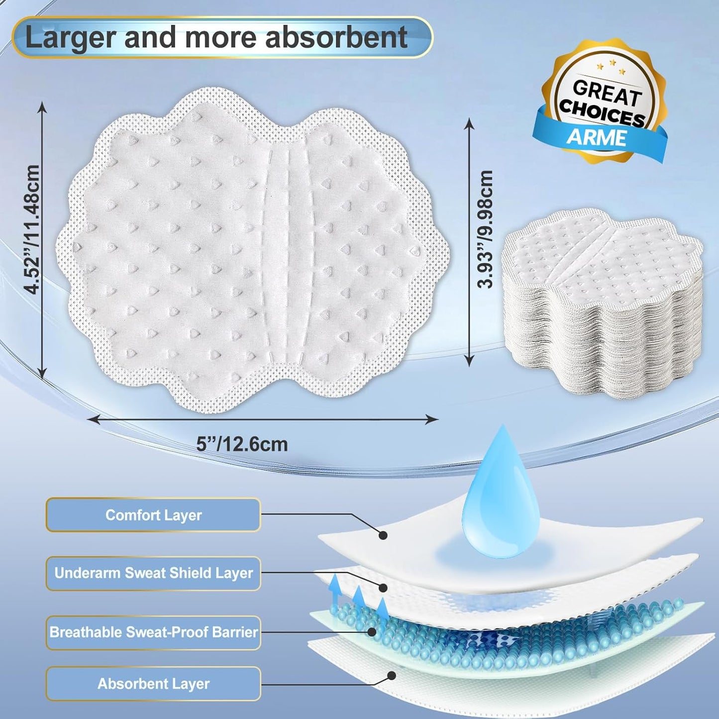 Arme Armpit Sweat Pads, 300 Pcs Large Underarm Sweat Pads for Men Hyperhidrosis Bulk, Disposable Sweat Pads for Under Arms, Bulk Armpit Patches, Armpit Protection for Dating Work Meeting