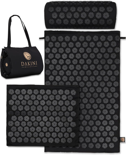 Acupressure Mat and Pillow Set with Extra Mini Accupressure Massage Pad - Acupuncture Mat Full Body - Accupoint Pad with Pressure Point for Back Pain (Black)
