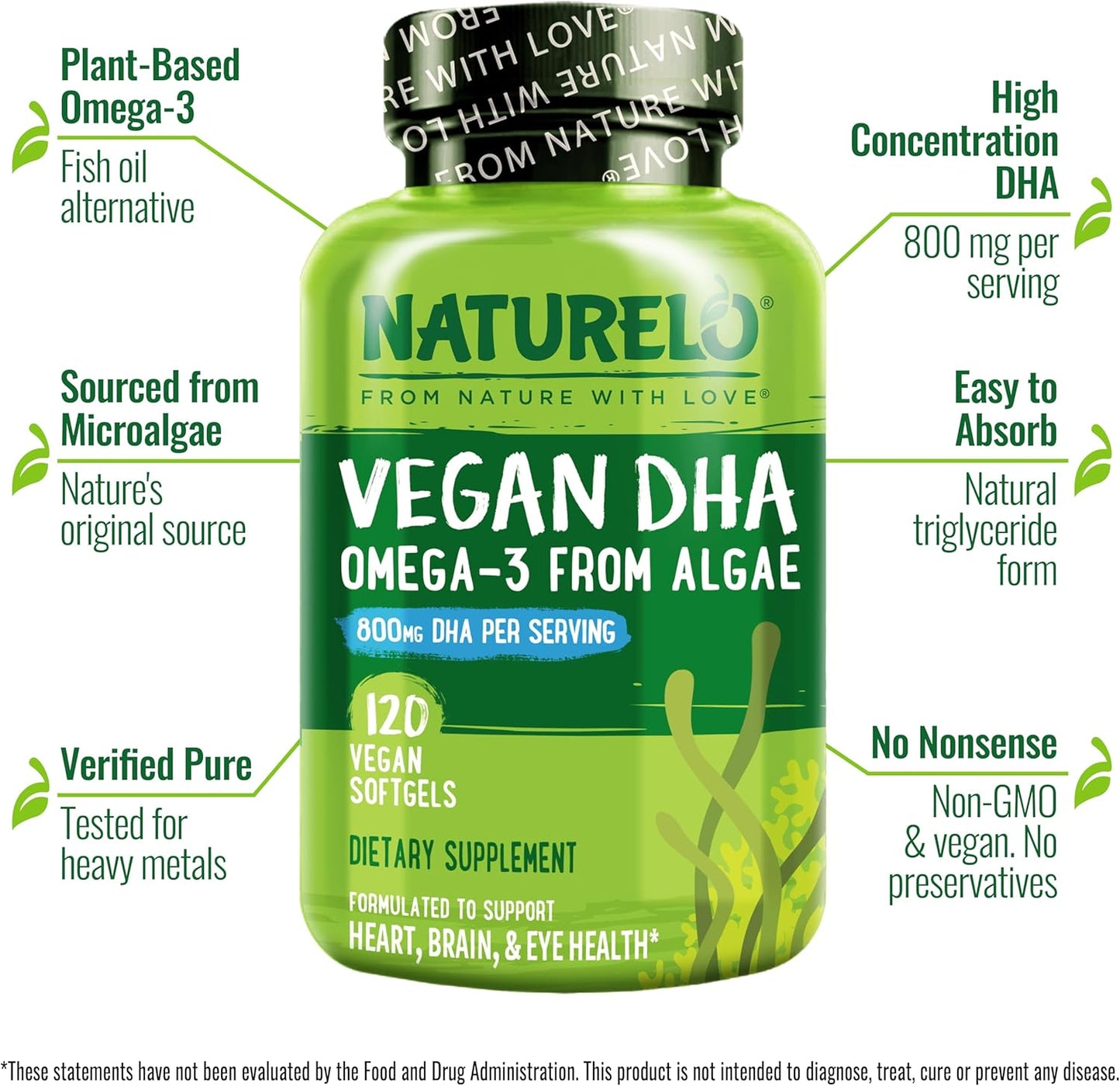 NATURELO Vegan DHA - Omega 3 Oil from Algae - Supplement for Brain, Heart, Joint, Eye Health - Provides Essential Fatty Acids for Women Men and Kids - Complements Prenatal Vitamins - 120 Softgels