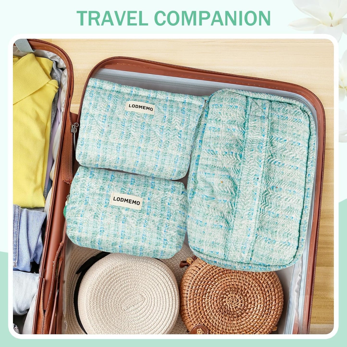 Makeup Bag 3 PCS Quilted Cosmetic Bags for Women, Large Travel Make up Bag Set Cute Cotton Toiletry Bag Organizer Pouch for Purse, Green