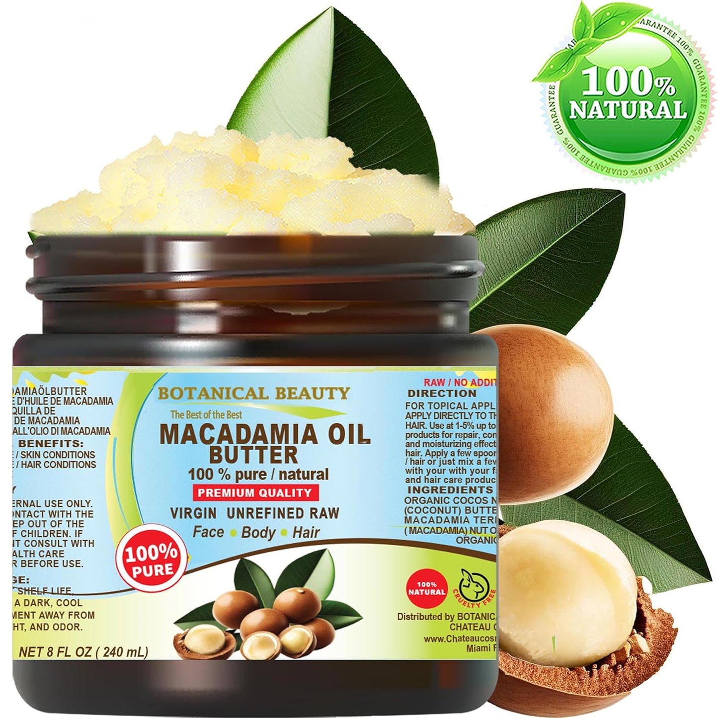 Botanical Beauty MACADAMIA OIL BUTTER 100% Pure Natural VIRGIN UNREFINED Cold-Pressed for Face, Skin, Body, Hair, Lip, Nails. Rich in Vitamin E, Omega 3, Omega 6 (8 Fl Oz)