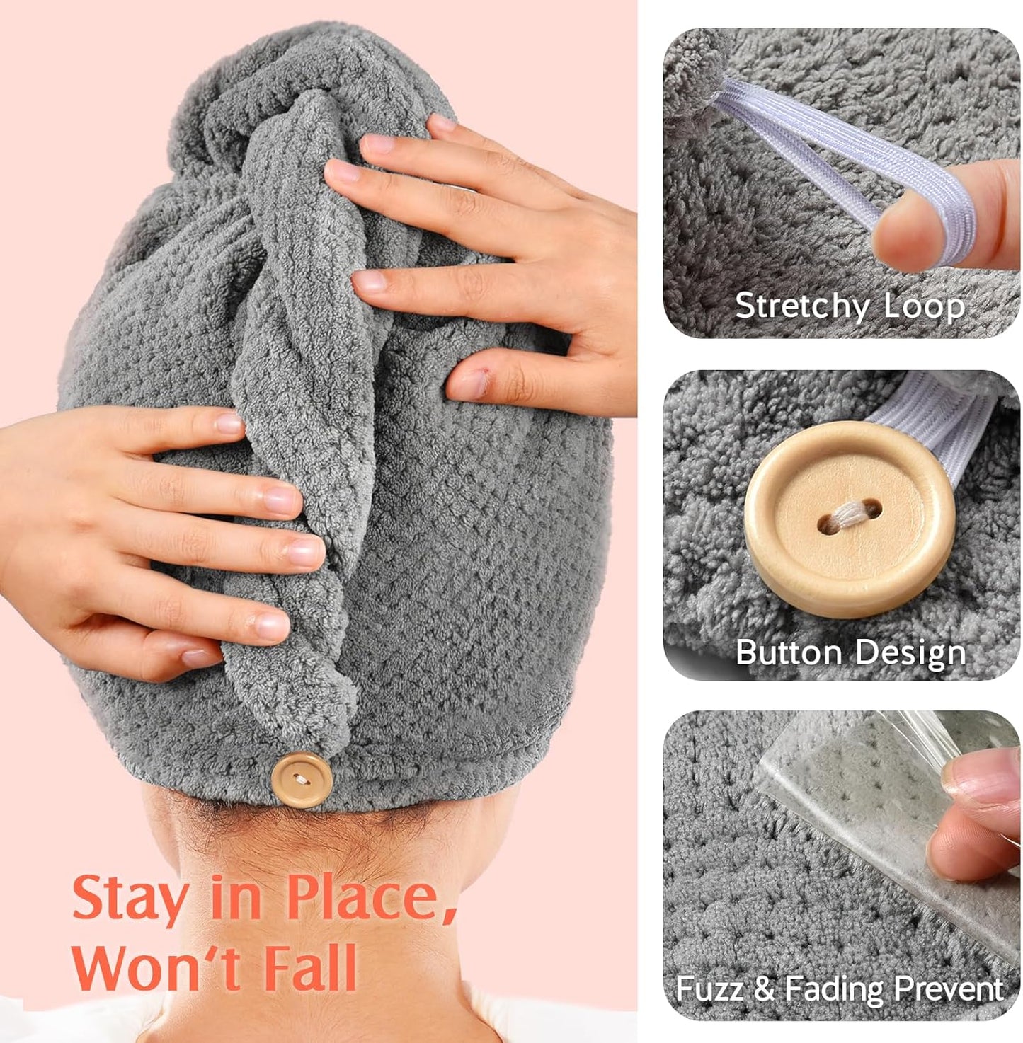 YFONG 2 Pack Large Microfiber Hair Towel Wrap, Super Absorbent Quick Dry Hair Turban for Drying Long Thick Curly Hair, Anti Frizz, Drying Towel with Button