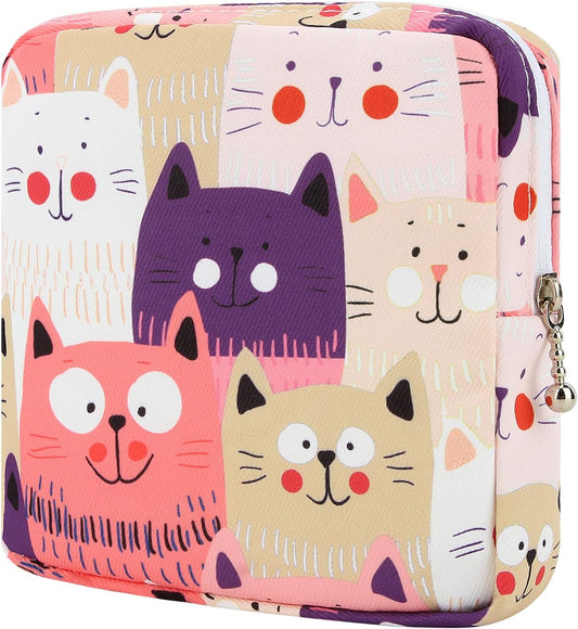 Desing Wish Sanitary Pad Storage Bag Portable Period Bag for Teen Pads/Sanitary Napkins/Small Tampons, Sanitary Napkin Storage Bag First Period Gifts for Teen Girls (Cat)