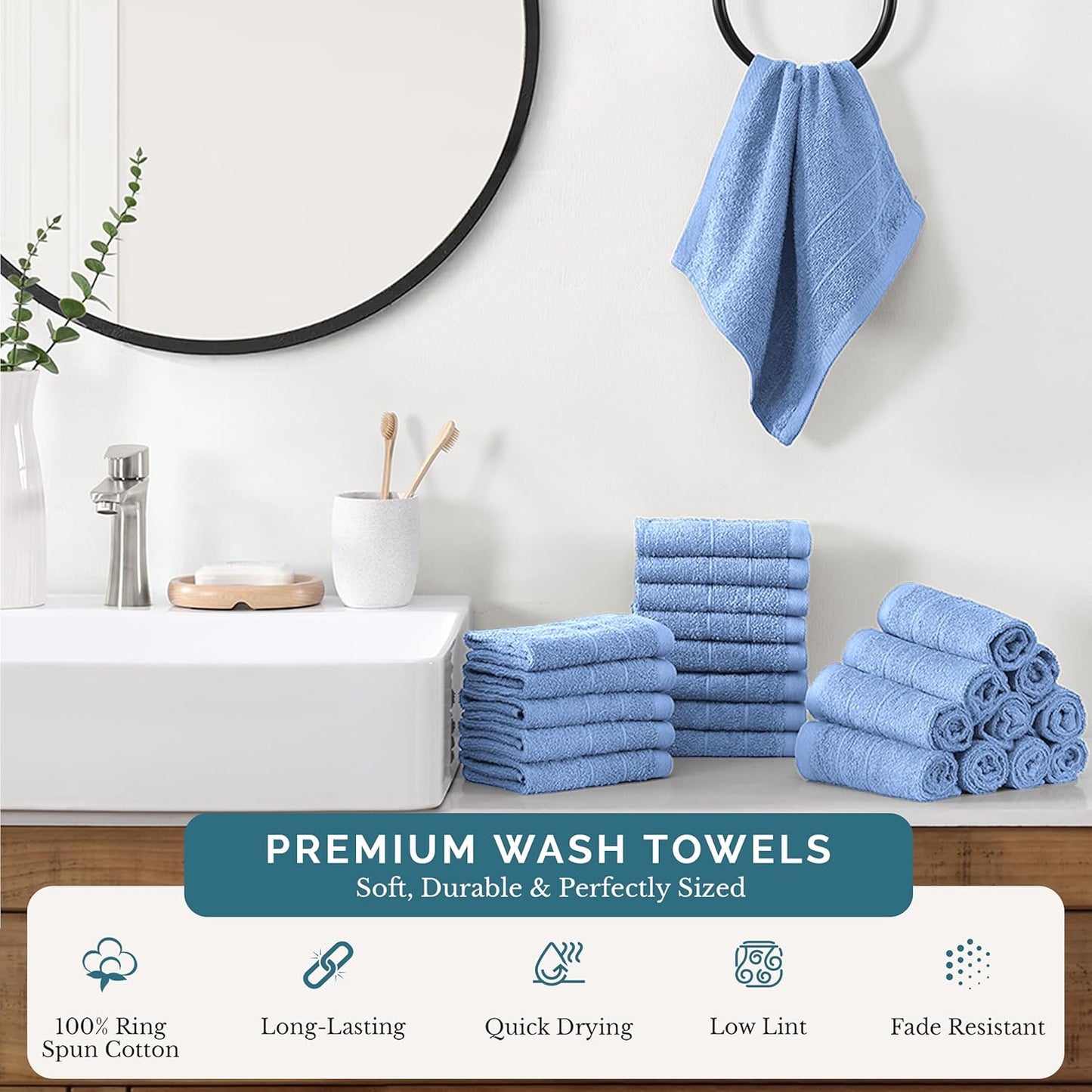 Casa Platino 100% Cotton Wash Cloths 24 Pack - Spa & Salon Quality - Ring Spun Cotton Face Cloths- Soft & Absorbent Washcloths for Shower, Home, Kitchen - Fingertip Towels - 13"x13", Cerulean Blue