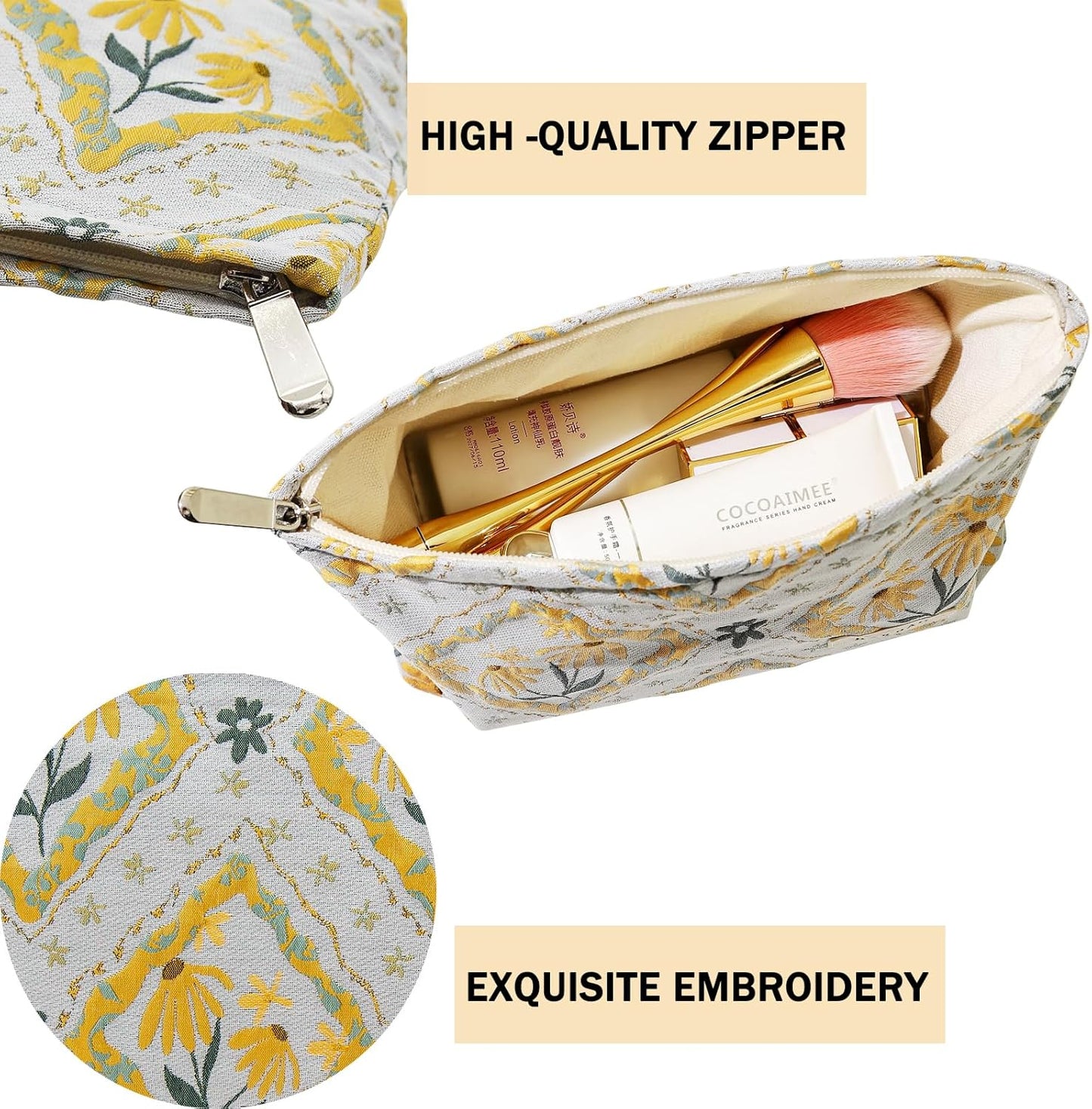 2 Pcs Makeup Bags, Large Cosmetic Bag Travel Toiletry Bag Organizer for Women, Embroidery Craft, Floral Makeup Bag Small Cosmetic Pouch Purse with Zipper Gifts for Girls Teen