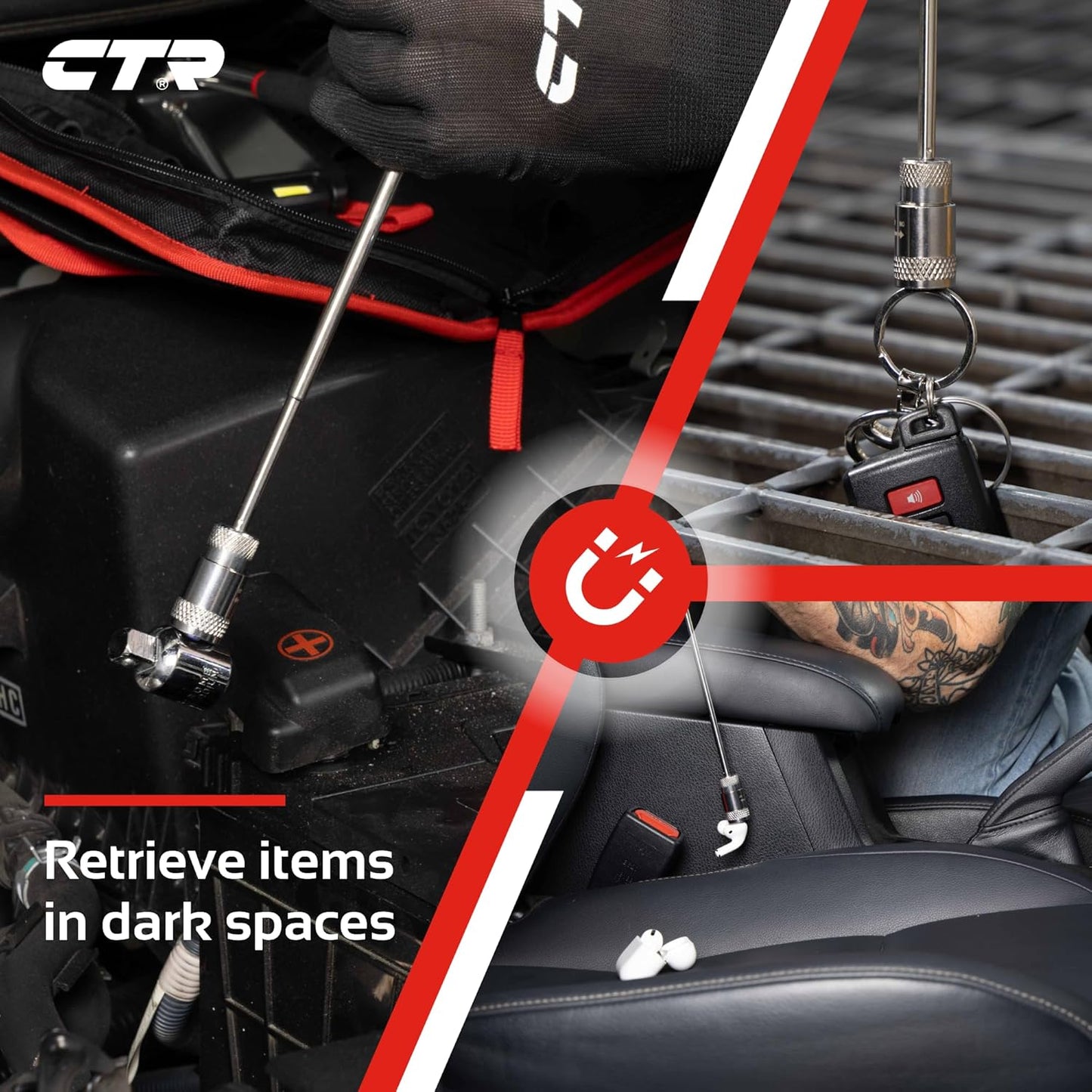 CTR 5PCS Telescoping Magnetic Pickup Tool Kit with Super Bright COB LED Square Inspection Mirror, Flexible Magnet Flashlight, Adjustable Inspection Tool with Long Handle - Best Gadgets Gifts for Men