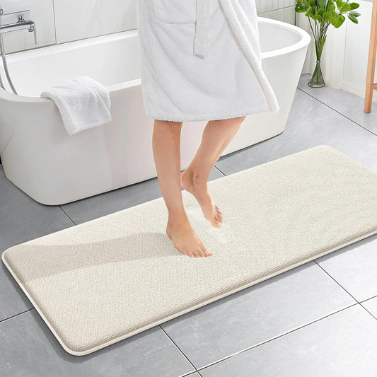 OLANLY Thick Memory Foam Bath Mat Rug 59x20, Extra Soft Absorbent Bathroom Rug, Quick Dry Bath Mats, Non-Slip, Machine Washable Carpet for Bathroom, Tub and Shower, Home Decor Accessories, Ivory