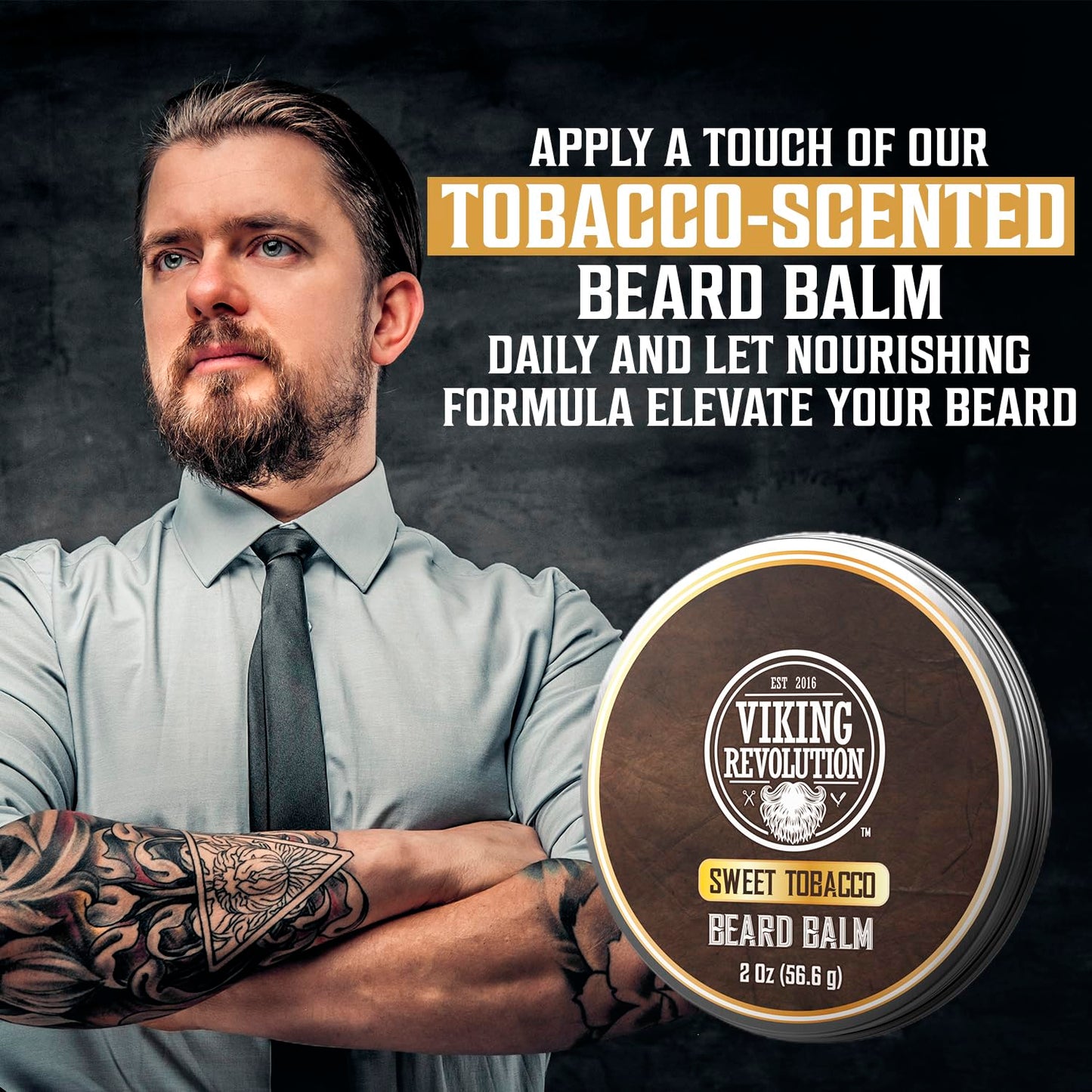 Viking Revolution Sweet Tobacco Beard Balm - Tobacco Scented Beard Butter with Argan Oil & Jojoba Oil - Softens and Moisturizes Beards for Men (2oz, 1 Pack)