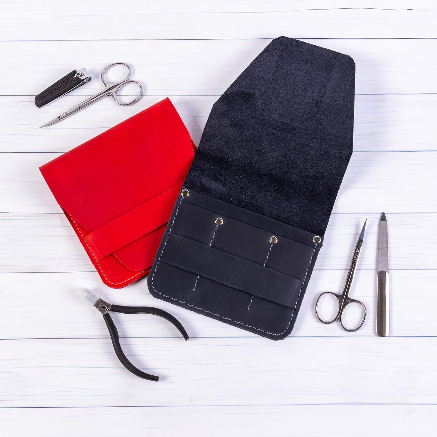 Leather Manicure Set Case Grooming Kit Organizer (Red)