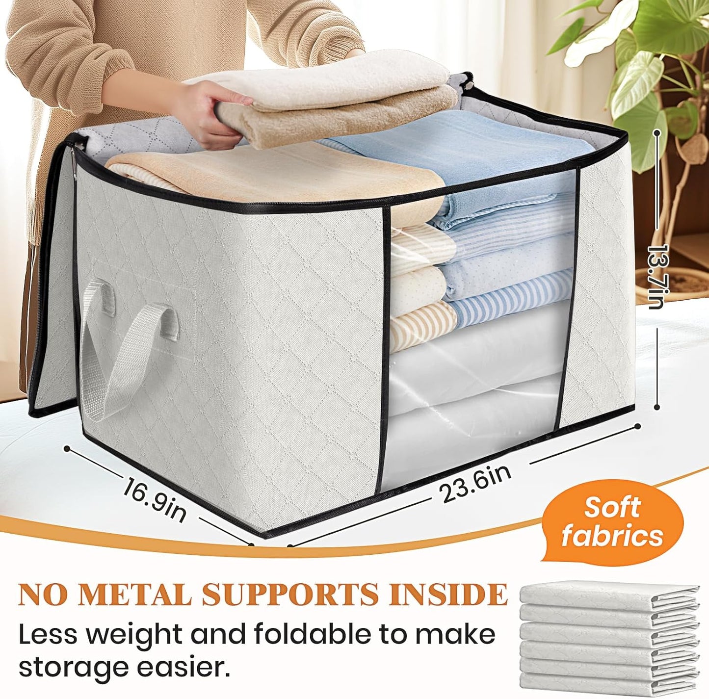 Fab totes 24 Gallons Clothes Storage, Foldable Thick Fabric Blanket Storage Bags, Containers for Organizing Bedroom, Closet, Clothing, Comforter, Organization with Handle (10 Pack,Ivory)