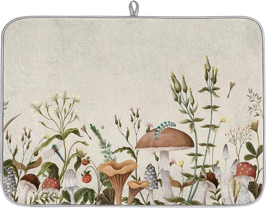 Hexteria Dish Drying Mat for Kitchen Counter Kitchen Drying Mat Dish Rack Mat Dish Drainer Pad Microfiber Absorbent Washable Drying Pad for Countertop, Mushroom