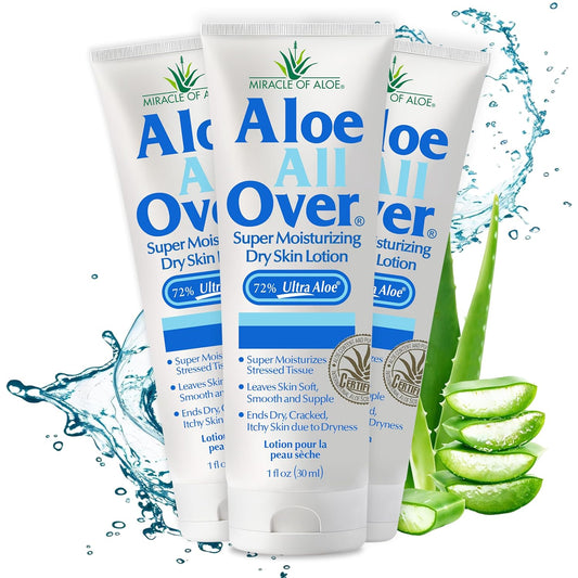 Miracle of Aloe Aloe All Over Super Moisturizing Dry Skin Lotion (3-Pack, 1 oz) - Made with 72% UltraAloe Aloe Vera Gel. Safe for Everyone: Men, Women, Kids. Restores Dry Skin Fast