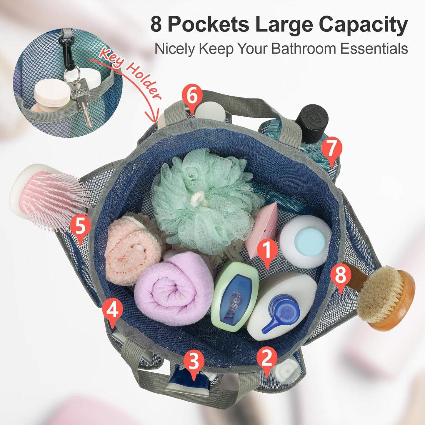 F-color Mesh Shower Caddy Portable with Drawstring - Upgrade Deeper 7 Pockets Dorm Room Essentials for Guys Girls with S Hook, Shower Bag Basket Tote for College Camping Toiletry Bathroom, Blue