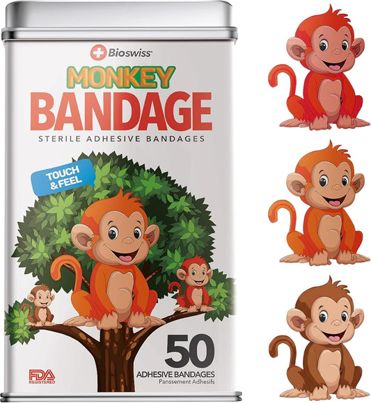 BioSwiss Kids Bandages, Monkey Shaped Self Adhesive Bandage Set, Latex Free, Sterile Wound Care, 50 Count