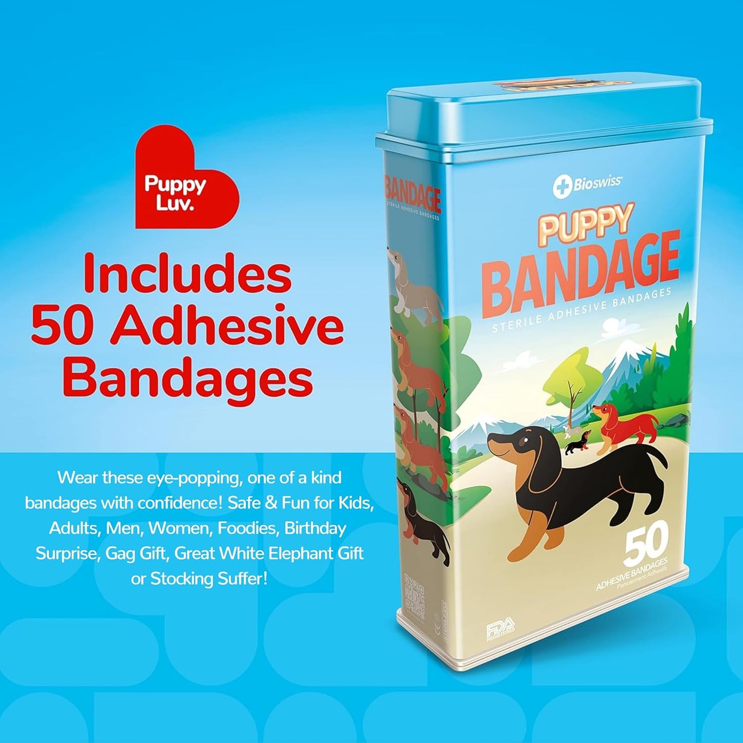 BioSwiss Kids Bandages, Puppy Shaped Self Adhesive Bandage Set, Latex Free, Sterile Wound Care, 50 Count