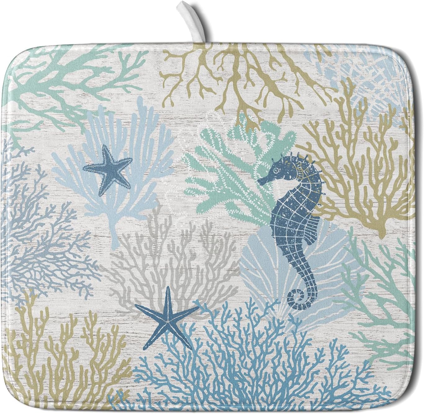 Blue Coral Dish Drying Mat Coastal Starfish Dishes Pad Hanging Drainer Mats Reversible Absorbent Kitchen Counter Protector 16x18 Inch