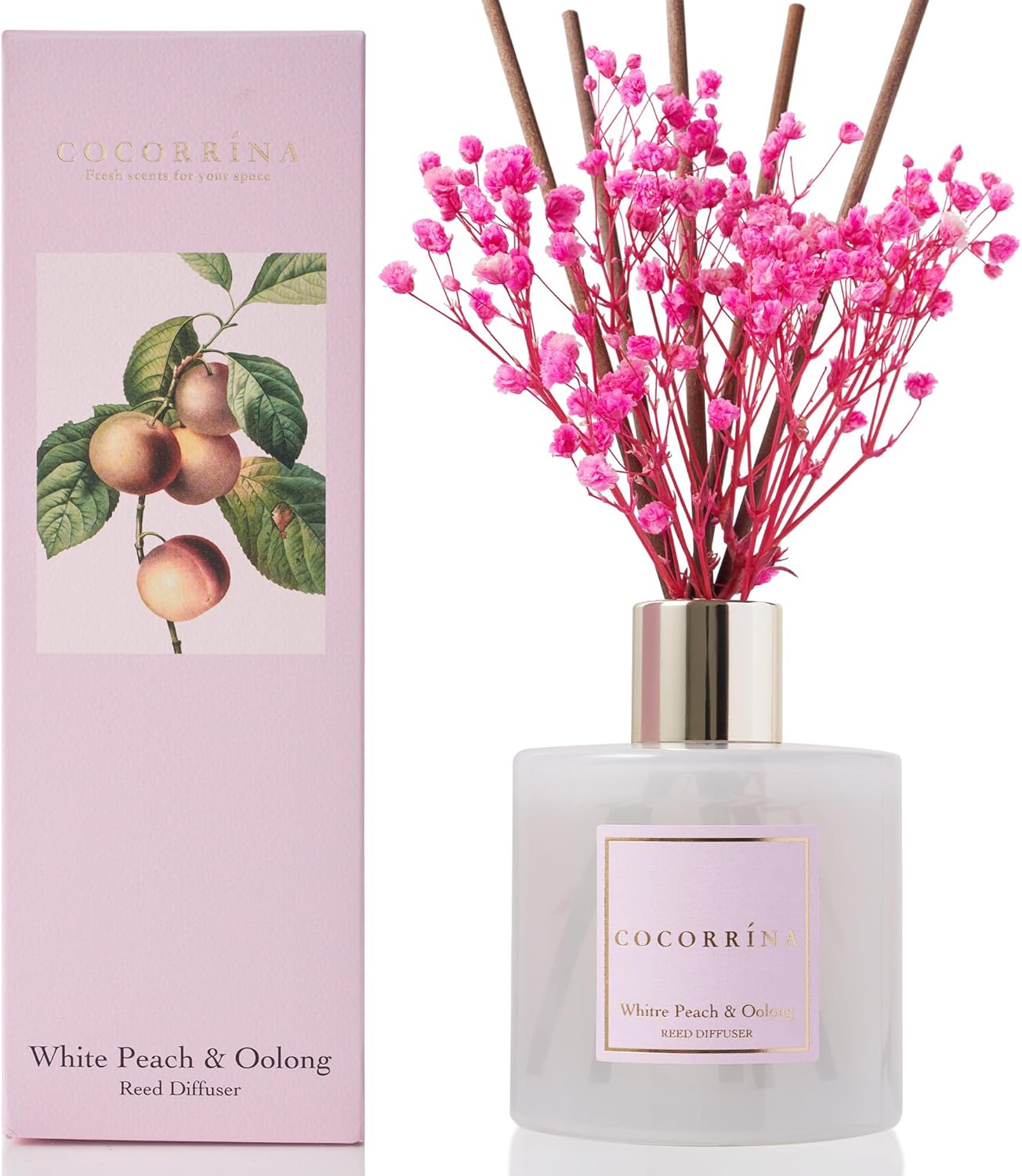 Cocorrína Reed Diffuser Sets - 6.7 oz. White Peach& Oolong Scented Diffuser with 8 Sticks Home Fragrance Reed Diffuser for Bathroom Shelf Decor