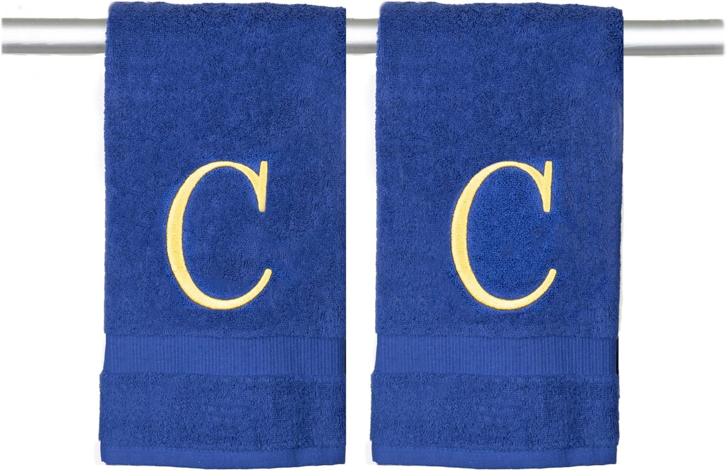 Navy Initial Hand Towel for Bathroom - Monogrammed Luxury Hotel Quality Decorative Embroidered Towel for Powder Room, Spa - GOTS Organic Certified - Set of 2 Letter C