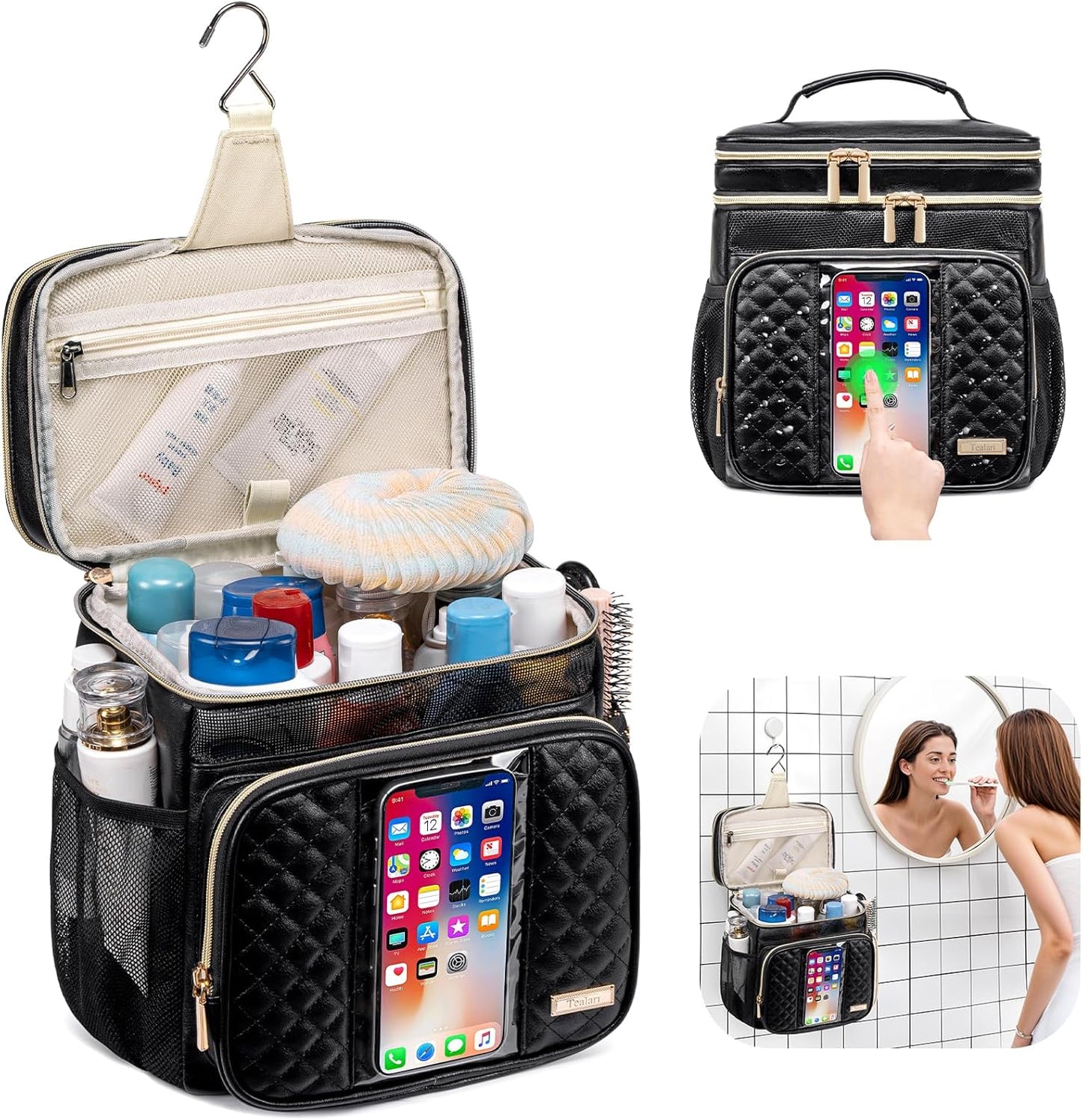 Large Leather Toiletry Bag for Women Men,Bathroom Bag,Water Resistant Portable Shower Caddy for College Dorm,Hanging Toiletry Bags for Traveling,Gym Camping Cruise Ship Travel Essentials Shower Bag