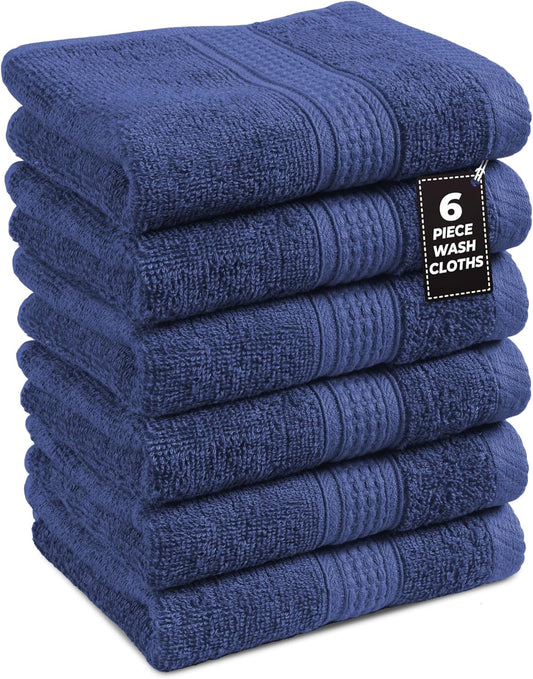 LANE LINEN Washcloths Pack of 6 - Spa & Salon Quality - 100% Ring Spun Cotton Face Cloths - Soft & Ultra Absorbent Wash Cloth Set for Body, Beauty, Home, Gym - Fingertip Towels - 13"x13", Navy Blue