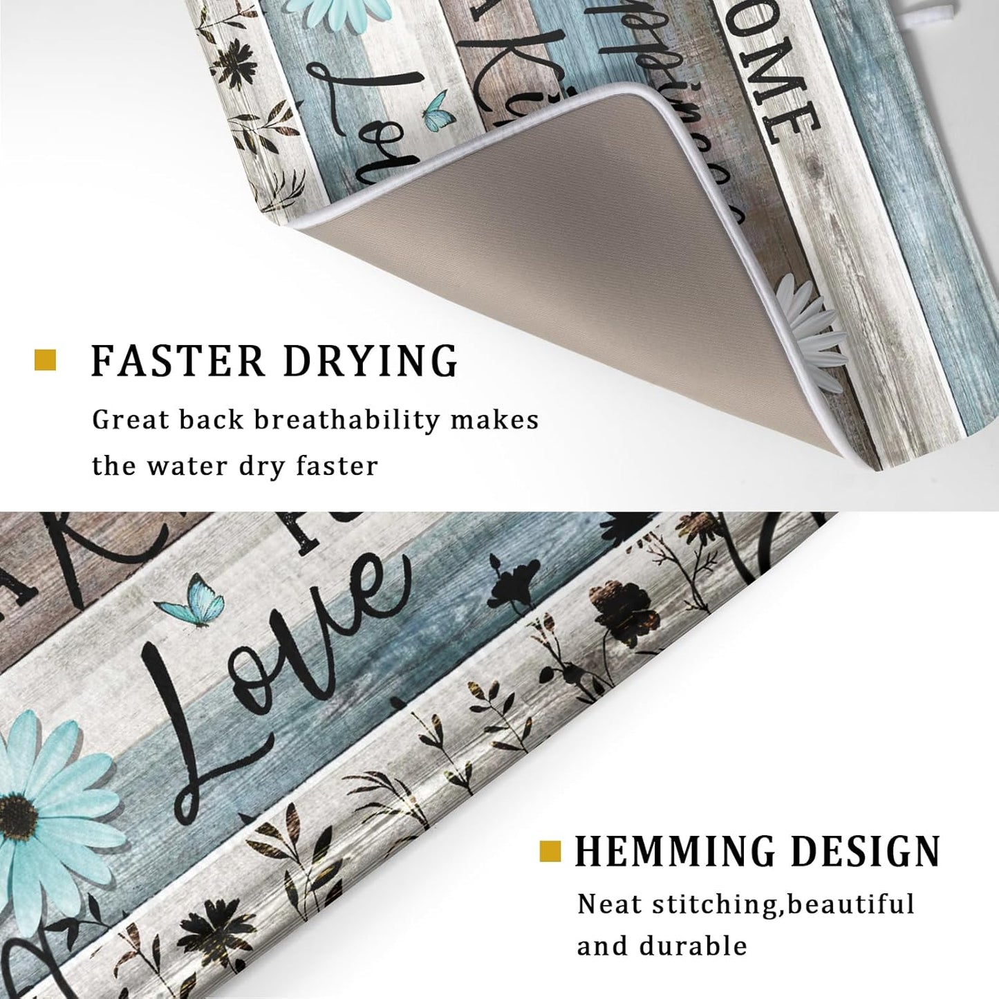 Daisy Floral Dish Drying Mat 18x24 Inches Rustic Wood Microfiber Absorbent Reversible Dish Draining Pad Fast Dry Kitchen Accessories