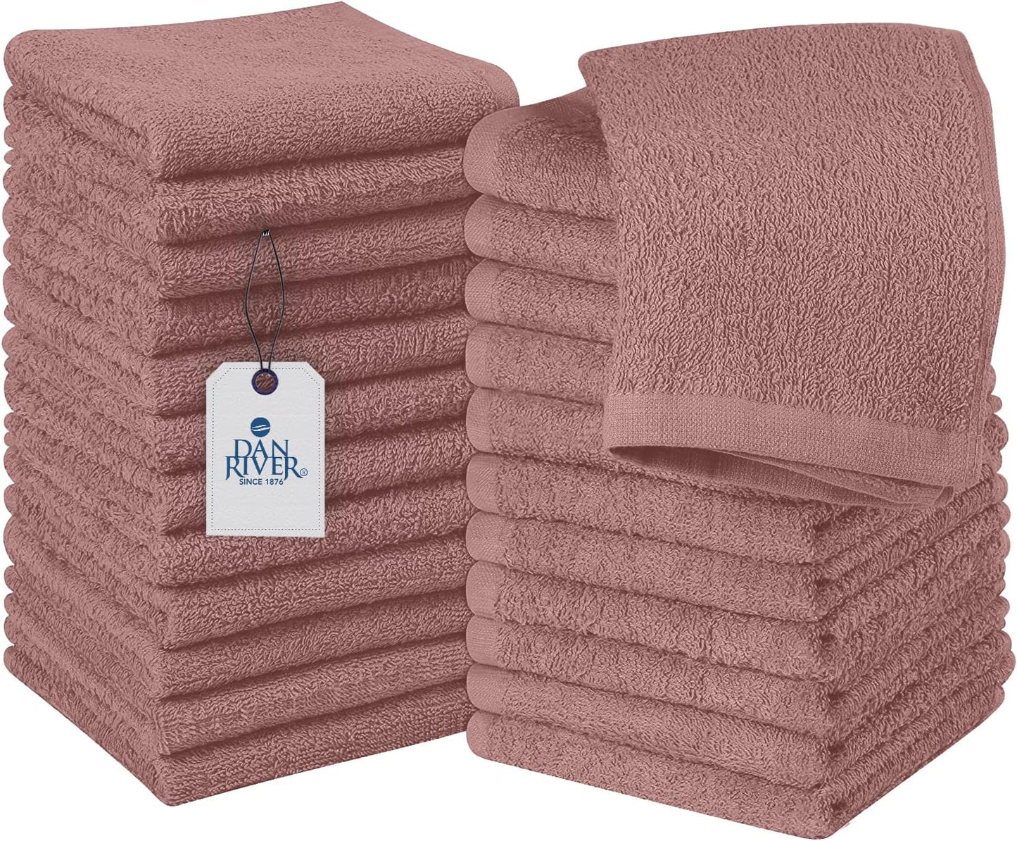 DAN RIVER 100% Cotton Wash Cloths 24 Pack [12x12] Soft & Absorbent face Towel for Showering, Gym, Hotels & Spa Perfect for Everyday Use Fingertip Towels, Dusty Pink