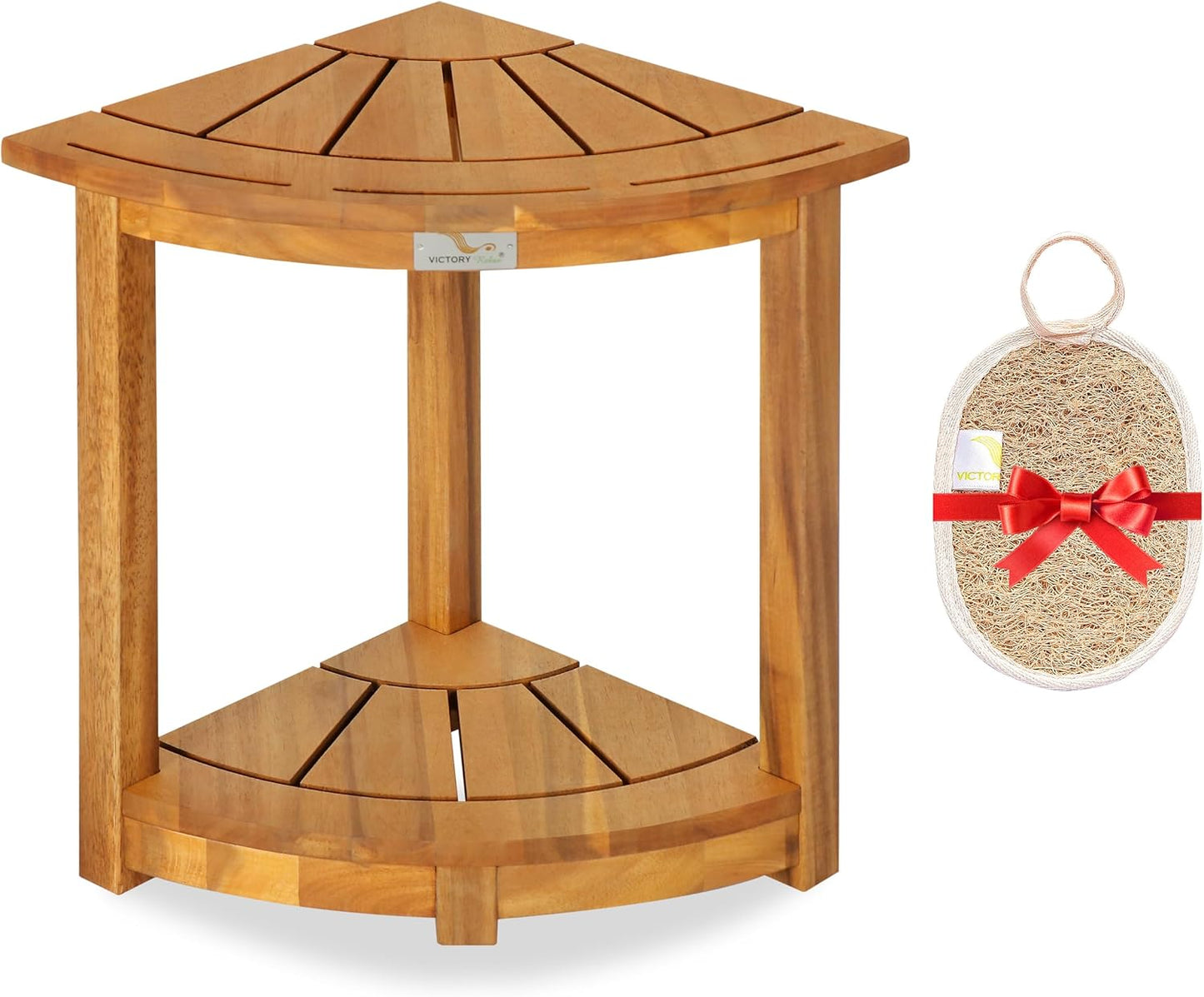 Acacia Corner Shower Stool, Waterproof Spa Foot Rest & Bath Bench with Storage Shelf & Soap Dish, Ideal for Bathroom, Shaving Legs, or as Small Corner Table/Step Stool (Natural)