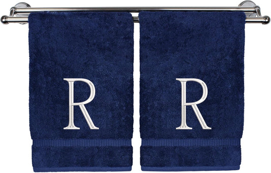 Monogrammed Hand Towel, Personalized Initial Gift, Extra Absorbent 100% Turkish Cotton - Soft Terry Finish - Set of 2 - White Block Initial R - Embroidered on Navy Blue Towels