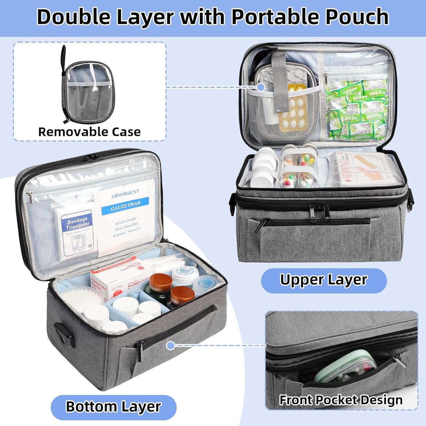 Medicine Bag for Traveling with Portable Small Pouch, Double Layer Pill Bottle Organizer Storage Case with Lockable Zippers, Carrying Medication Travel Case with Shoulder Strap (BAG ONLY), Gray