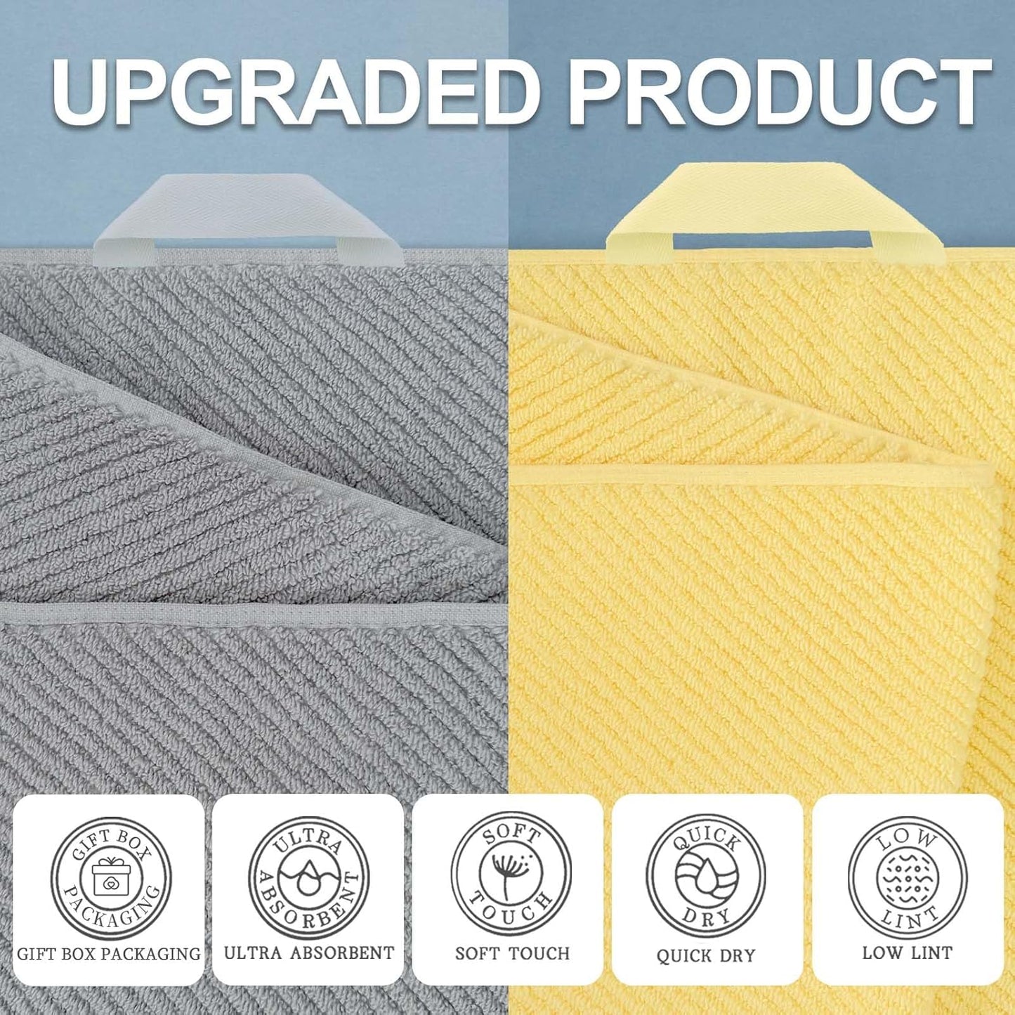 VOOVA & MOVAS Towels for Bathroom, Bath Towels with Hanging Loop - 100% Cotton | Soft | Quick Dry | Thick, Towel Set of 6, 2 Large Bath 30"x56", 2 Hand 18"x28", 2 Washcloths 13"x13", Grey and Yellow