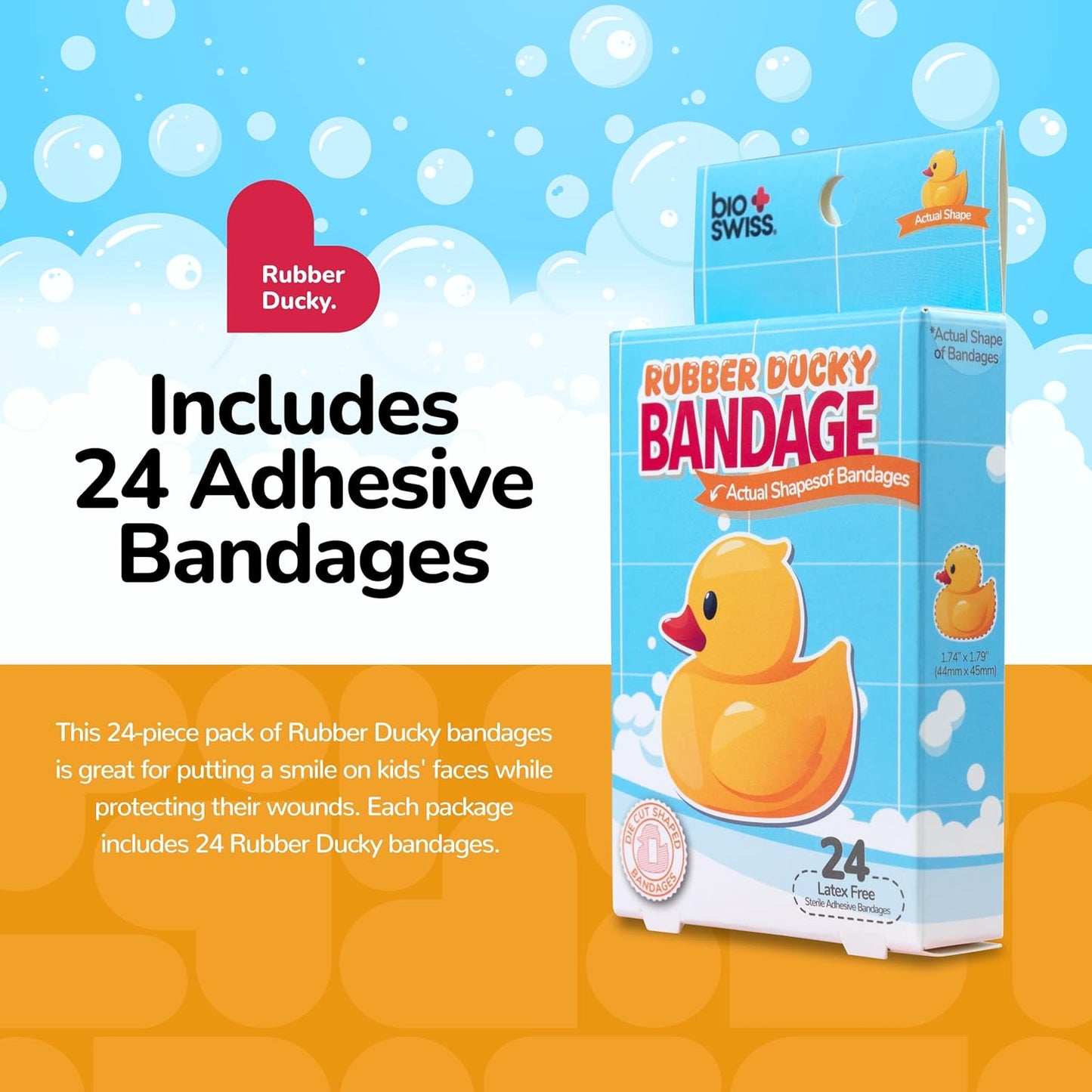 BioSwiss Kids Bandages, Rubber Ducky Shaped Self Adhesive Bandage, Latex Free, Sterile Wound Care, 24 Count