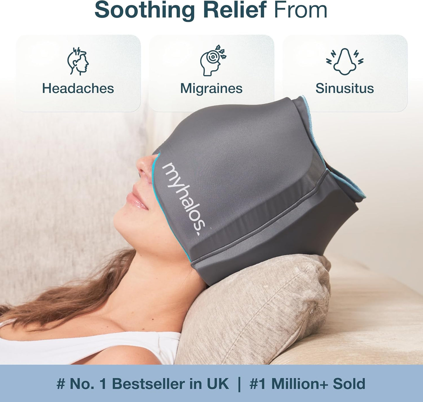 MyHalos® Migraine Relief Cap, 30% Thicker, 2X More Cooling Gel - Stays Colder for Longer, Ice Hat, Ice Pack Head Wrap, Cold Headaches & Migraine Mask - Hangover, Tension Headache Relief Cap (Gray)