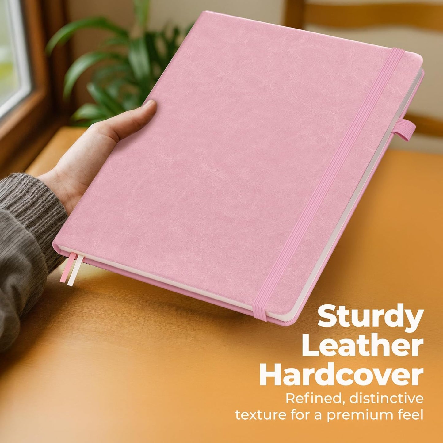 Classic Lined Journal Notebook 8.5x11" A4 Hardcover Leather - Pink - 200 Pages College Ruled Large with Sticky Tabs, Pockets, and Pen Loop for Writing and Journaling - Big Hardback Men and Women