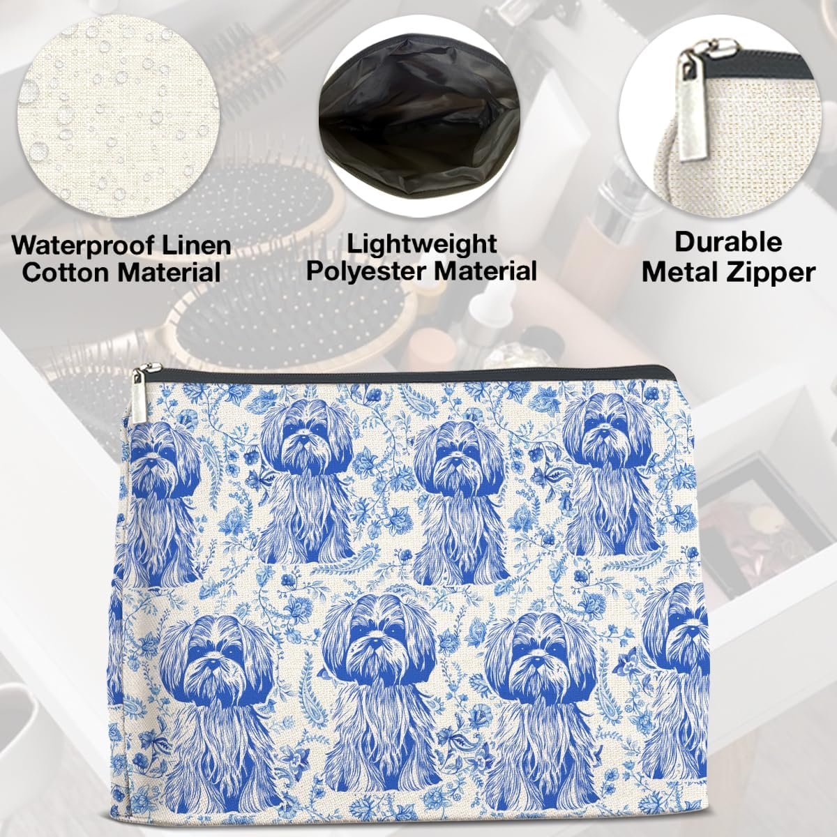 Shih Tzu Blue Makeup Bag Gifts for Women Dog Mom Cute Shih Tzu Cosmetic Bag Zipper Pouch
