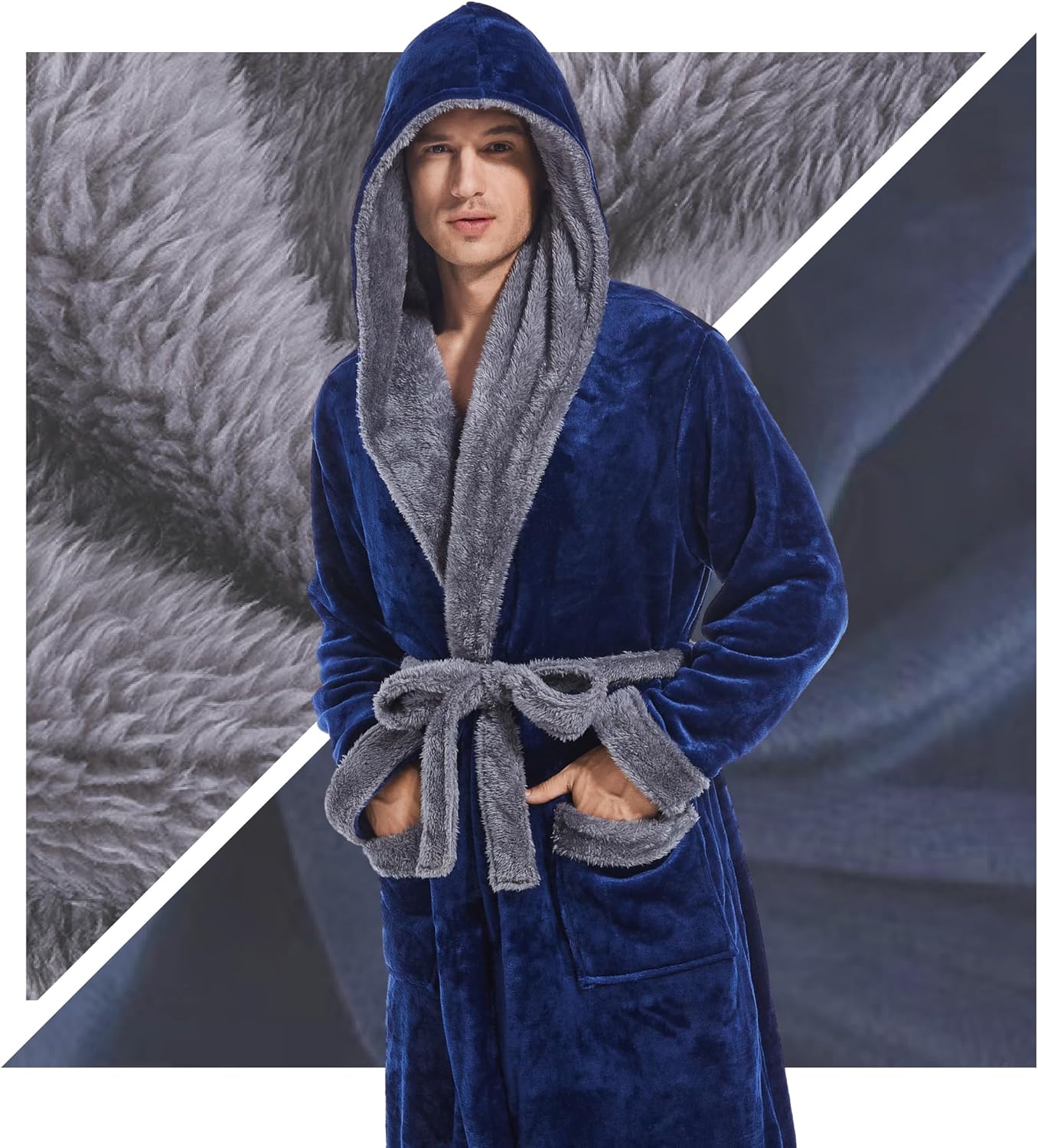Inner Wish Mens Hooded Robe, Plush Long Bath robes Cozy Warm Bathrobe Fuzzy male Spa Robe With Pockets