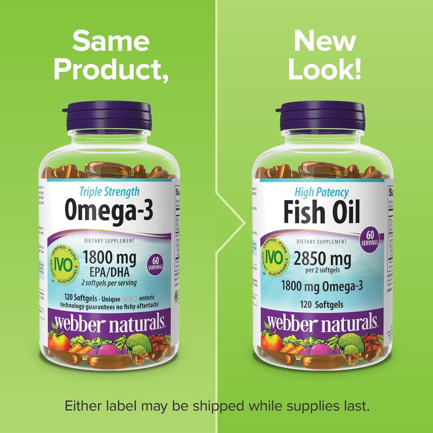 Webber Naturals Fish Oil 2850 mg, High Potency, 1,800 mg Omega-3 per Serving, 120 Clear Enteric Softgels, No Fishy Aftertaste, Ultra-Purified, Supports Heart, Cognitive, and Joint Health