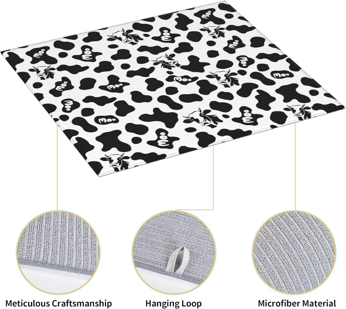 Cow Print Dish Drying Mat for Kitchen Counter Black White Decorative Dish Drainer Rack Mats 16x18 Inch Absorbent Reversible Drying Pad