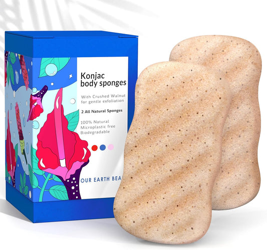 Konjac Sponge Body (2 Pack) Exfoliating Walnut | Microplastic Free 100% Natural | Non-Toxic | Biodegradable | Eco-Friendly | Plastic Free Packaging