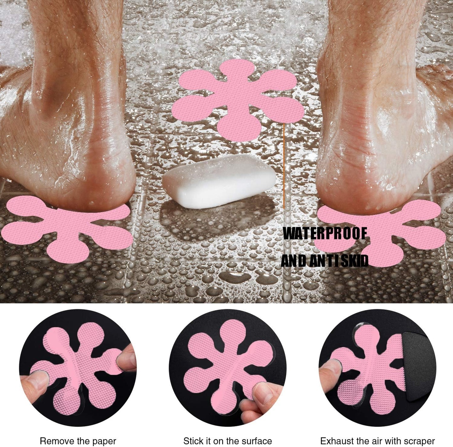 Bathtub Stickers Non-Slip, 24 PCS Safety Shower Treads Adhesive Appliques with Premium Scraper (Pink)
