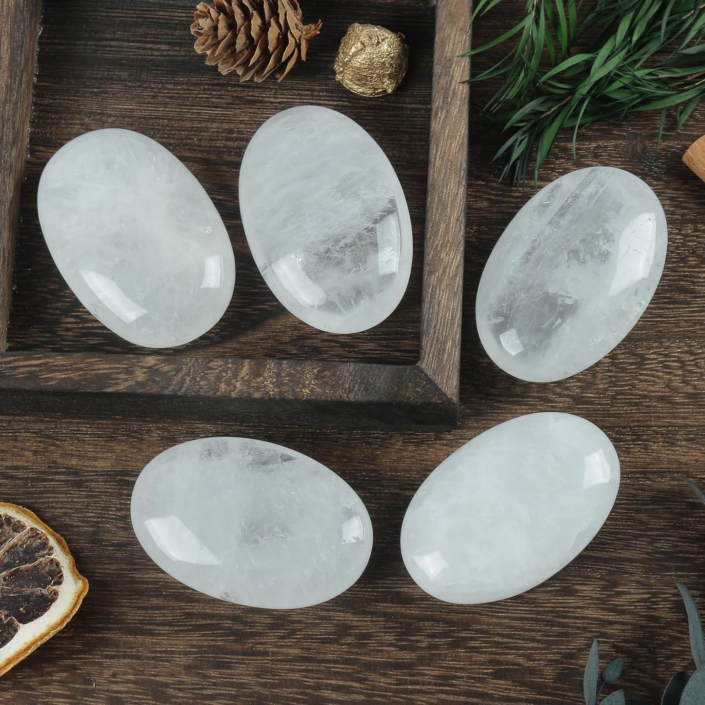 Natural Rock Quartz Oval Polished Worry Stones, Healing Crystal Indoor Fountain Stones Massage Energy Anxiety Relief Items