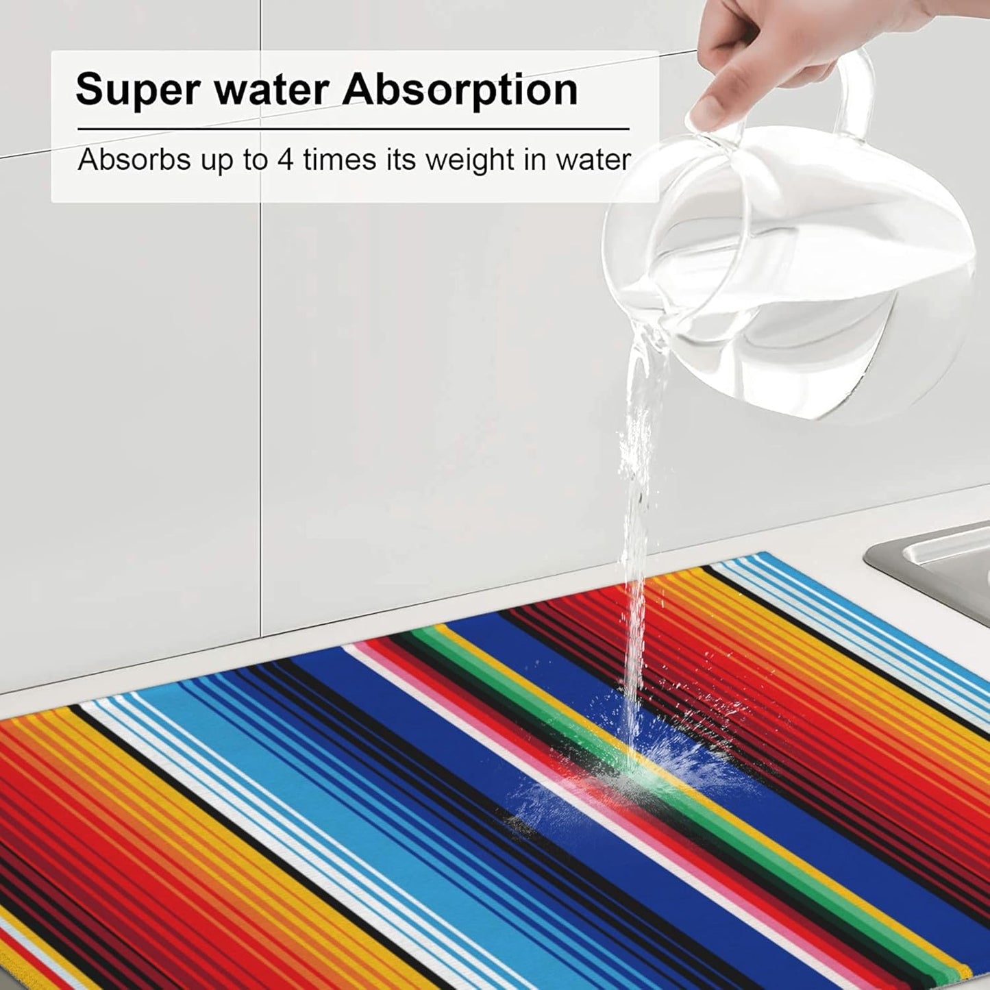 Mexican Dish Drying Mat for Kitchen Counter Rainbow Colorful Stripe Dish Drainer Rack Mats Washable Absorbent Reversible Microfiber Drying Pad Kitchen Accessories 18"x24"