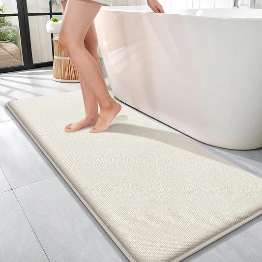 OLANLY Thick Memory Foam Bath Mat Rug 47x17, Extra Soft Absorbent Bathroom Rug, Quick Dry Bath Mats, Non-Slip, Machine Washable Carpet for Bathroom, Tub and Shower, Home Decor Accessories, Ivory